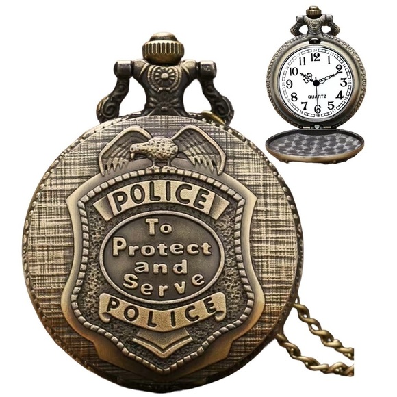 Police Pocket Chain Watch Protect and Serve Quartz Analog Watch Unisex Gift - Picture 1 of 13